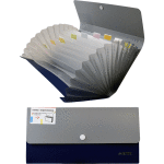 Папка на кнопке с 12-ю отделениями "deVENTE" пластиковая 800 мкм, для документов формата travel-size (26x13x2,5 см) внутренние отделения толщиной 170 мкм, в комплекте с бумажными цветными индексами, непрозрачная синий с серым