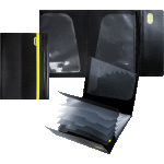 Папка с клапаном с 6-ю отделениями "deVENTE. MonoChrome" A4 (325x230x20 мм) 550 мкм, рельефной фактурной поверхностью, 1 отделение A3 с 2-мя внутренними карманами 160 мкм, с клапаном, с вертикальной неновой желтой резинкой, индивидуальная маркировка, непрозрачная черная с неновым желтым