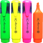 Набор маркеров-выделителей "Attomex" (04 цв - желт, зел, оран, роз) плоский корпус с клипом, скошенный наконечник, ширина линии 1-5 мм, в пластиковом блистере