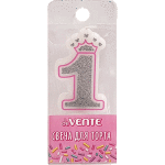 Свеча-цифра для торта "deVENTE. Розовая принцесса" 1, размер свечки 5,8x3,8x0,8 см с серебряным рисунком, в пластиковой коробке с подвесом