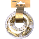 Набор канцелярских принадлежностей "deVENTE. My Gold" (скрепки золотистые 50 мм – 15 шт, скрепки золотистые 28 мм – 50 шт, кнопки силовые золотистые – 20 шт, зажимы для бумаг золотистые 19 мм – 4 шт) в пластиковой коробке