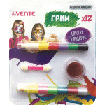 Набор для грима лица и тела "deVENTE" мелки (6 классических цветов+6 цветов металлик) блёстки 1 цвет, 1 кисточка-аппликатор, в блистерной упаковке с подвесом