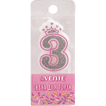 Свеча-цифра для торта "deVENTE. Розовая принцесса" 3, размер свечки 5,8x3,8x0,8 см с серебряным рисунком, в пластиковой коробке с подвесом