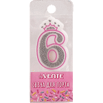 Свеча-цифра для торта "deVENTE. Розовая принцесса" 6, размер свечки 5,8x3,8x0,8 см с серебряным рисунком, в пластиковой коробке с подвесом