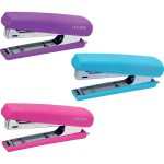 Степлер "deVENTE. Soft Touch" № 10 (мощность 12 листов, глубина скрепления 50 мм) пластиковый с бархатистым прорезиненным покрытием, со встроенным металлическим антистеплером, в картонной коробке, ассорти 3 цвета (фиолетовый, голубой и розовый)
